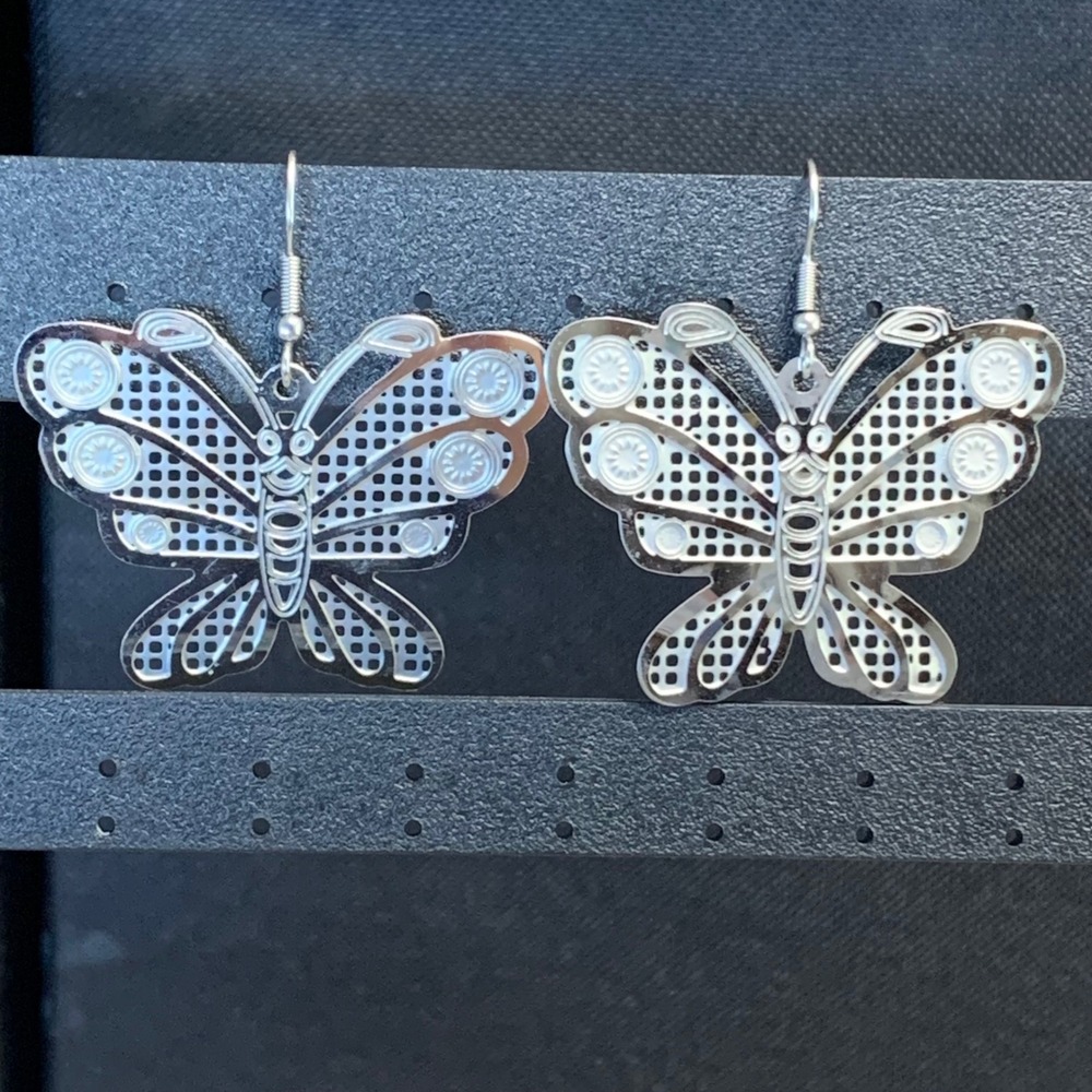 Silver Tone Laser Cut Butterfly Drop Earrings Lattice Statement Jewelry 4578